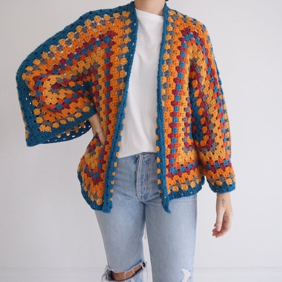 VTG Handmade Crochet Granny Square Cardigan Teal Mustard Retro Boho Sweater L - Picture 1 of 11